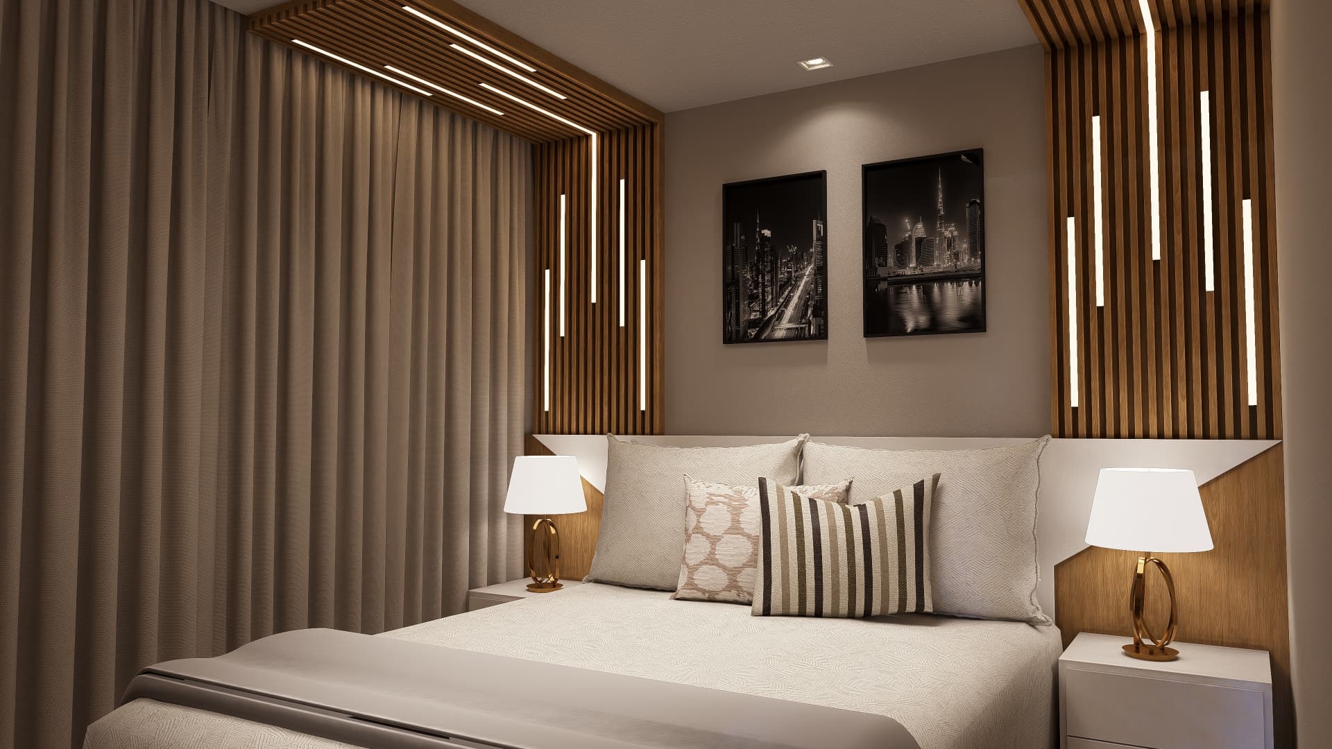 Quarto de casal com painel ripado iluminado e marcenaria sob medida
